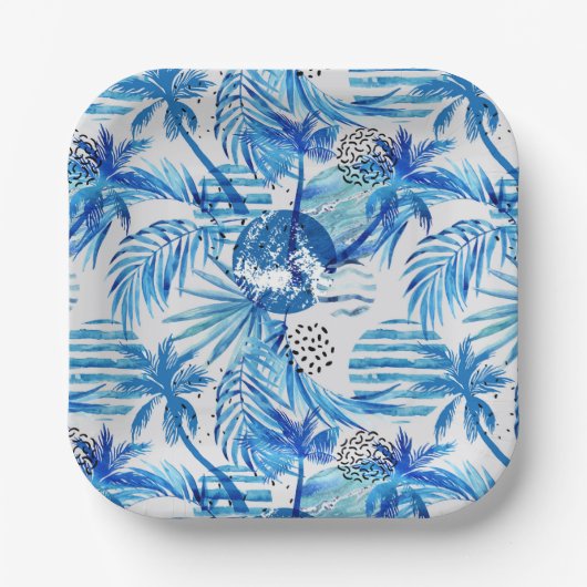 Helderblauw tropisch Waterverf Papieren Bordje (Voorkant)