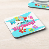 Helderblauw wit roze kinder leuke bloemen cartoon bier onderzetter (Linkerzijde)