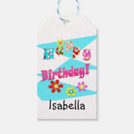 Helderblauw wit roze kinder leuke bloemen cartoon  cadeaulabel