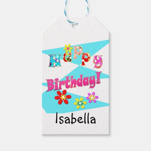 Helderblauw wit roze kinder leuke bloemen cartoon  cadeaulabel (Voorkant)