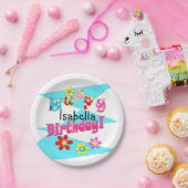 Helderblauw wit roze kinder leuke bloemen cartoon  papieren bordje (Feest)