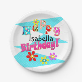 Helderblauw wit roze kinder leuke bloemen cartoon  papieren bordje