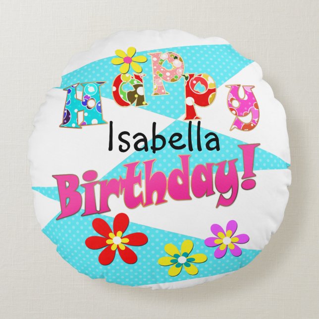 Helderblauw wit roze kinder leuke bloemen cartoon  rond kussen (Voorkant)