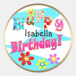 Helderblauw wit roze kinder leuke bloemen cartoon  ronde sticker