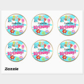 Helderblauw wit roze kinder leuke bloemen cartoon  ronde sticker (Vel)