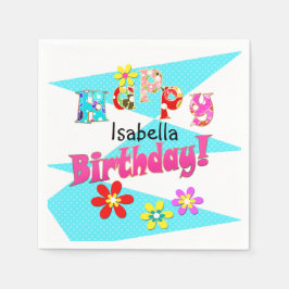 Helderblauw wit roze kinder leuke bloemen cartoon  servet