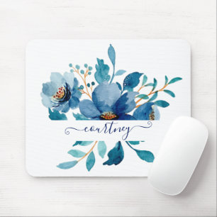 Helderblauwe aquarel bloemstuk gepersonaliseerd muismat