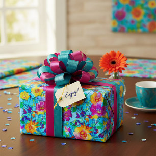 Helderblauwe bloemen cadeaupapier
