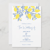 Helderblauwe en gele citroenwijnstokken bruiloft kaart (Voorkant)
