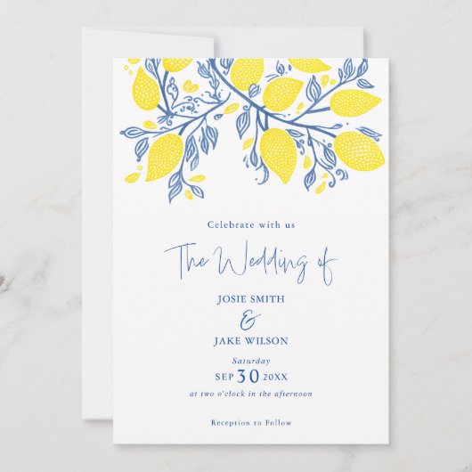 Helderblauwe en gele citroenwijnstokken  bruiloft kaart (Voorkant)