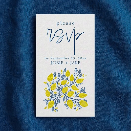 Helderblauwe en gele citroenwijnstokken rsvp informatiekaartje