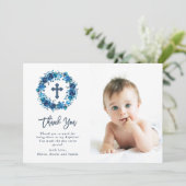 Helderblauwe Floral met kruis | Baptisemfoto Bedankkaart (Staand voorkant)