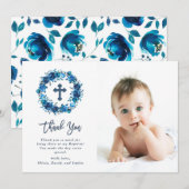 Helderblauwe Floral met kruis | Baptisemfoto Bedankkaart (Voorkant / Achterkant)