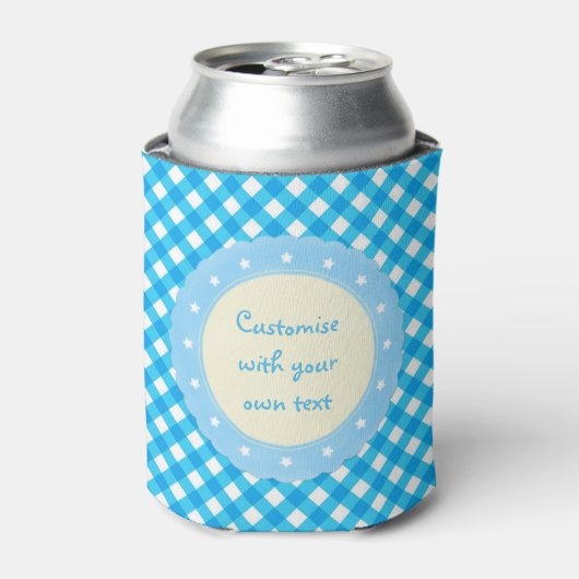 Helderblauwe Gingham Aangepaste Tekst Blikjeskoeler (Blikje Voorkant)