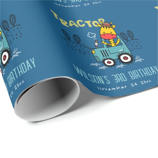 Helderblauwe Giraffe in Boerderij Tractor Boys Ver Cadeaupapier (Rol Hoek)