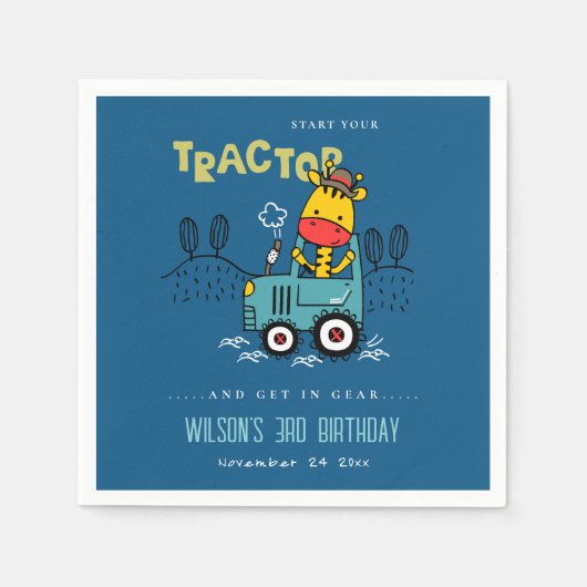 Helderblauwe Giraffe in Boerderij Tractor Boys Ver Servet (Voorkant)