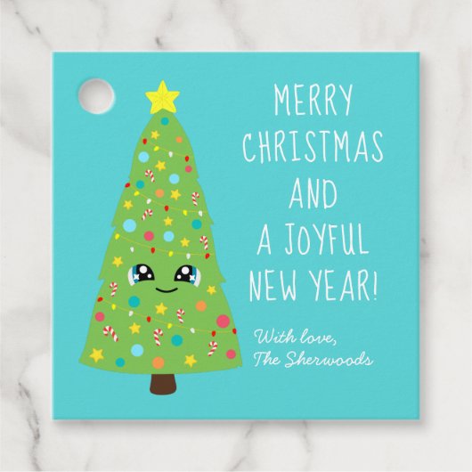Helderblauwe Kawaii Kerstboom Vrolijk kerstcadeau Bedankjes Labels (Voorkant)