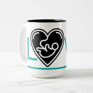 Helderblauwe liefde, zwart hart met baby, tweekleurige koffiemok