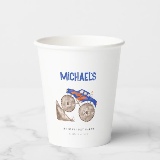 Helderblauwe monstertruck papieren bekers (Voorkant)