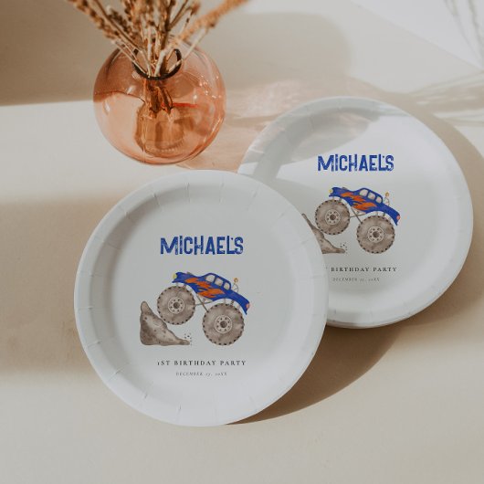 Helderblauwe monstertruck papieren bordje