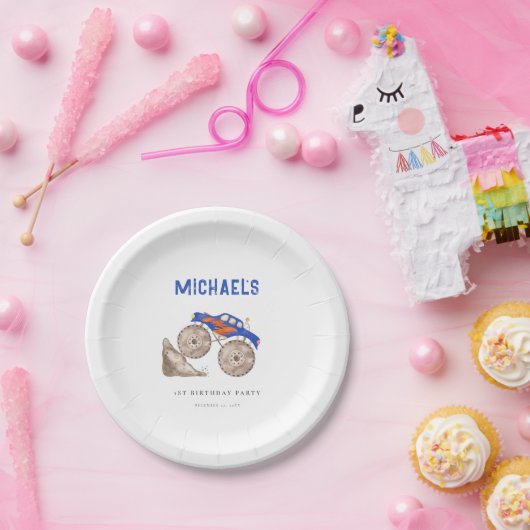 Helderblauwe monstertruck papieren bordje (Feest)