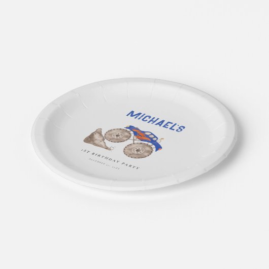 Helderblauwe monstertruck papieren bordje (Gekanteld)