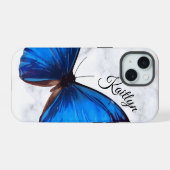 Helderblauwe Morpho Vlinder | Aangepaste Hoes voor iPhone 15 Case (Achterkant horizontaal)