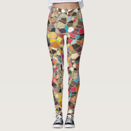 Helderblauwe roze gele Oranje Paarse mozaïek Leggings (Voorkant)