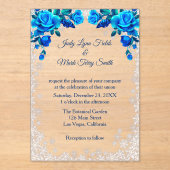 Helderblauwe Rozen Sneeuwvlok Kerst Acryl Uitnodigingen (Voorkant)