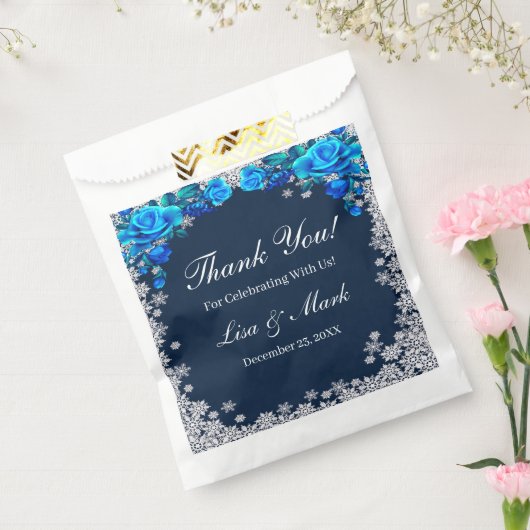 Helderblauwe Rozen Sneeuwvlok Kerstbruiloft Bedankzakje (Gezegeld)