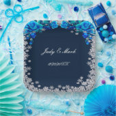 Helderblauwe Rozen Sneeuwvlok Kerstbruiloft Papieren Bordje (Feest)