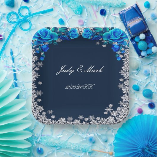 Helderblauwe Rozen Sneeuwvlok Kerstbruiloft Papieren Bordje (Feest)
