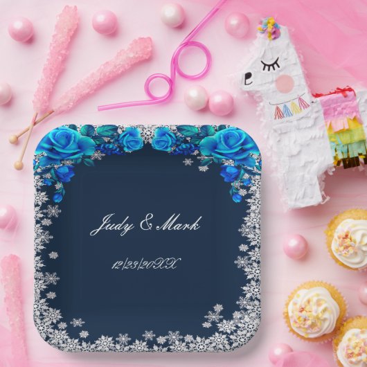 Helderblauwe Rozen Sneeuwvlok Kerstbruiloft Papieren Bordje (Feest)