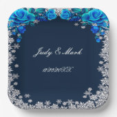 Helderblauwe Rozen Sneeuwvlok Kerstbruiloft Papieren Bordje (Voorkant)