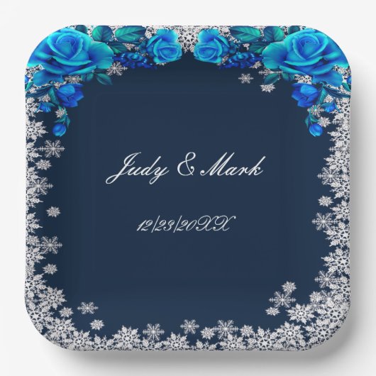 Helderblauwe Rozen Sneeuwvlok Kerstbruiloft Papieren Bordje (Voorkant)