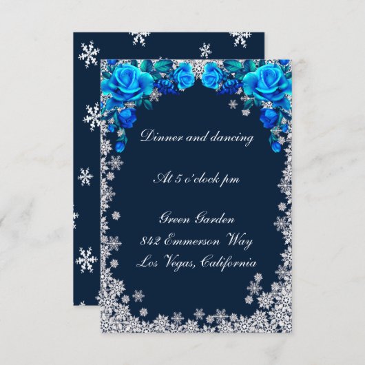 Helderblauwe Rozen Sneeuwvlok Kerstreceptie Informatiekaartje (Voorkant / Achterkant)
