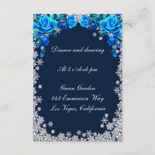 Helderblauwe Rozen Sneeuwvlok Kerstreceptie Informatiekaartje (Voorkant)