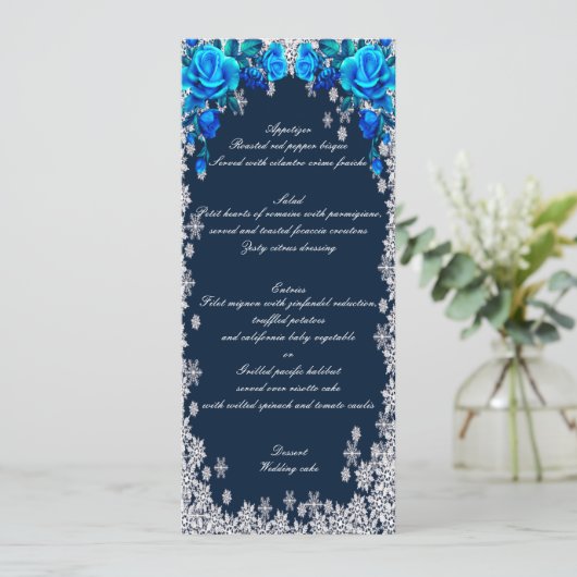 Helderblauwe Rozen Snowflake Kerst Trouwmenu Menu (Staand voorkant)