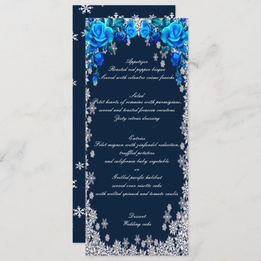 Helderblauwe Rozen Snowflake Kerst Trouwmenu Menu (Voorkant / Achterkant)