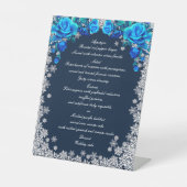 Helderblauwe Rozen Snowflake Kerst Trouwmenu Reclamebord Met Voetstuk (Voorkant)