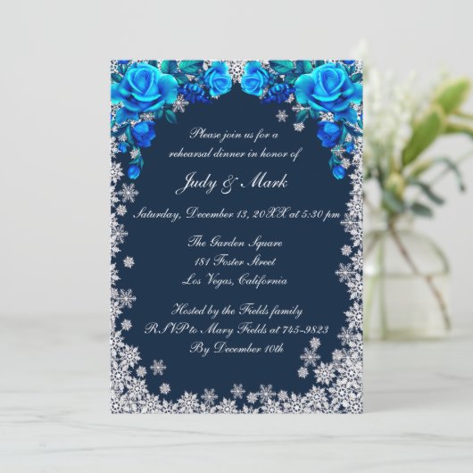 Helderblauwe Rozen Snowflake repetitie diner Kaart (Staand voorkant)