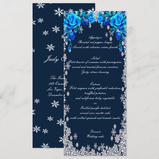 Helderblauwe Rozens Sneeuwvlok Kerst Huwelijksmenu Menu (Voorkant / Achterkant)