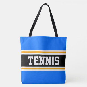 Helderblauwe sportieve zwarte oranje TENNIS strepe Tote Bag