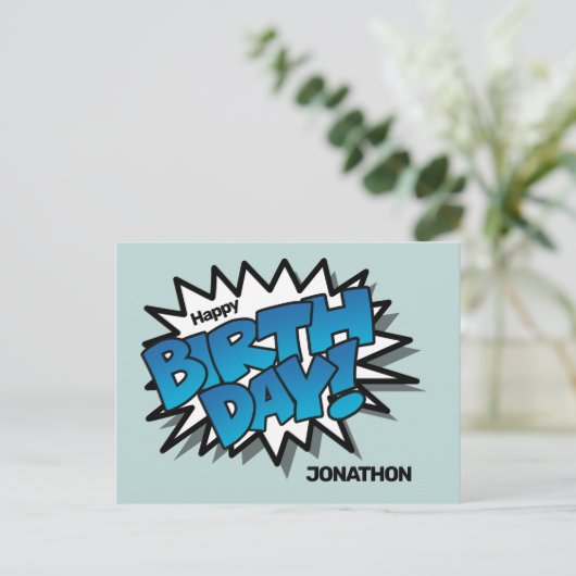 Helderblauwe striptekst - Gefeliciteerd met je ver Briefkaart (Staand voorkant)