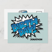 Helderblauwe striptekst - Gefeliciteerd verjaardag Briefkaart (Voorkant / Achterkant)