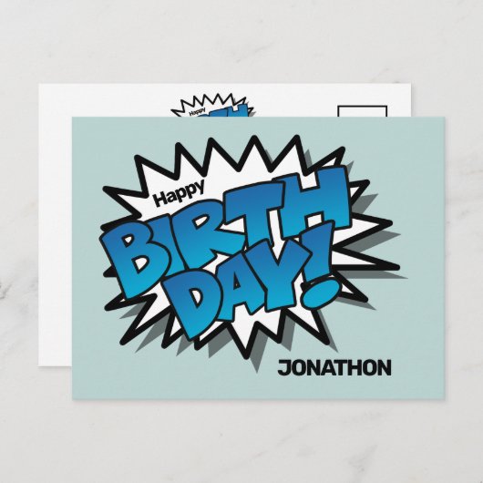 Helderblauwe striptekst - Gefeliciteerd verjaardag Briefkaart (Voorkant / Achterkant)