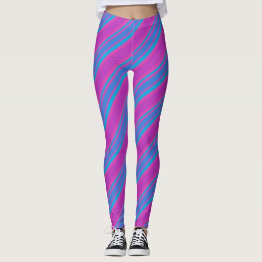 Helderblauwe turquoise en magenta diagonale strepe leggings (Voorkant)