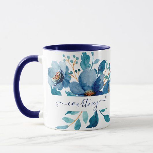 Helderblauwe waterverf bloemstuk gepersonaliseerd mok (Links)