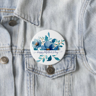 Helderblauwe waterverf bloemstuk gepersonaliseerd  ronde button 7,6 cm