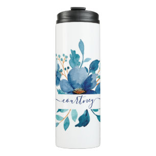 Helderblauwe waterverf bloemstuk gepersonaliseerd  thermosbeker